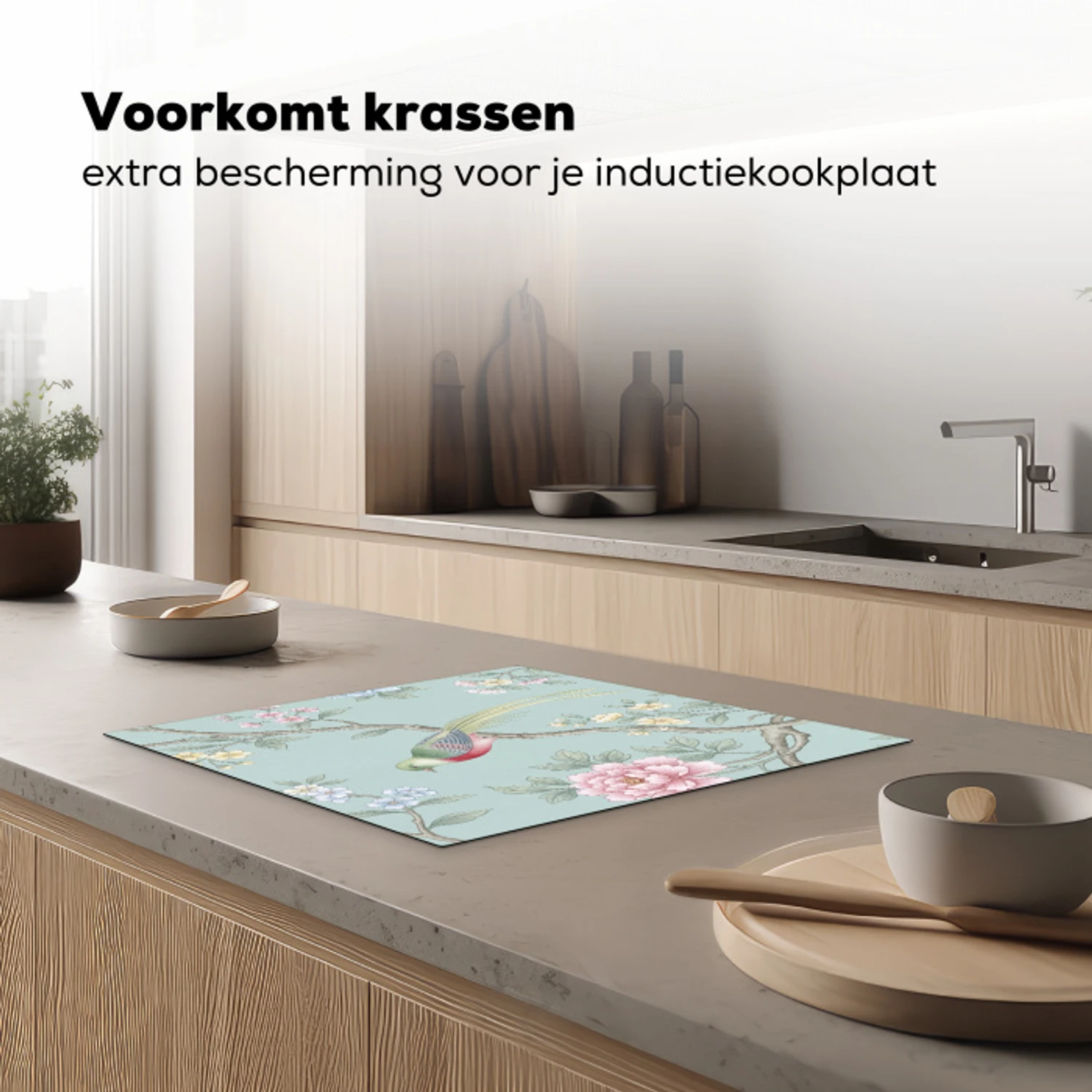 Vogel - Bloemen - Kleurrijk Inductie beschermer vinyl 3mm middel -sfeer1