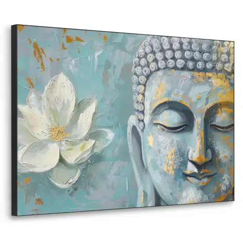 Boeddha - Bloem - Lotus - Goud - Blauw Textielframe - compleet frame klein -3d