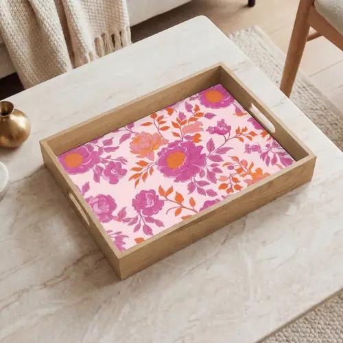 Bloemenpatroon - Roze - Oranje - Bloemen Dienblad Rechthoek middel -sfeer1