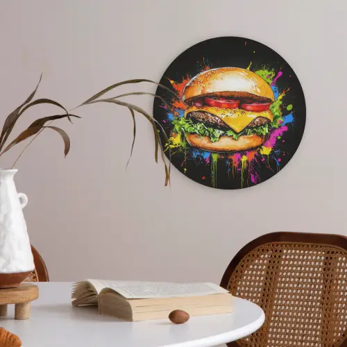 Hamburger - Graffiti - Verf - Kleurrijk - Eten - Abstract Akoestische PET Vilt - Rond klein -sfeer3