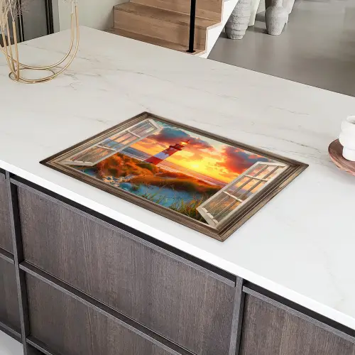 Doorkijk - Raam - Vuurtoren - Zonsondergang - Strand Inductie beschermer vinyl 3mm klein -sfeer8