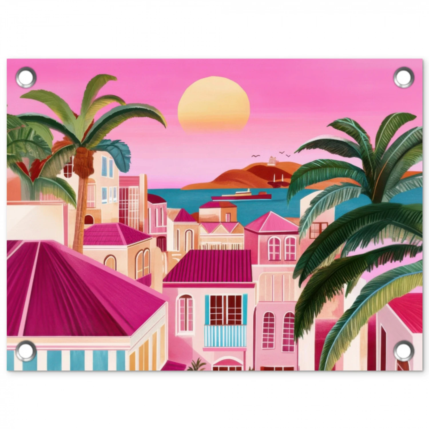 Stad - Roze - Palmbomen tuinposter los doek klein -3d