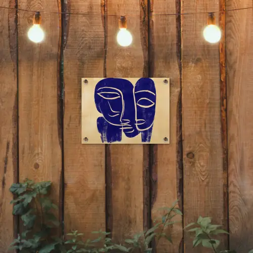 Okergeel - Blauw - Eenvoudige lijnen tuinposter los doek klein -sfeer1