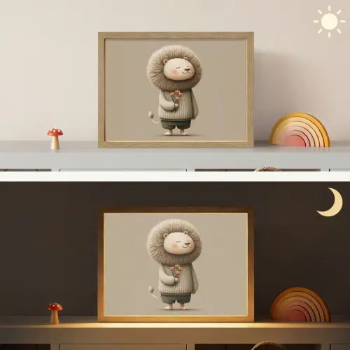 Leeuw - Oranje bloemen - Vriendelijk Light Box met batterij (Wandlamp kind) middel -sfeer3_kind