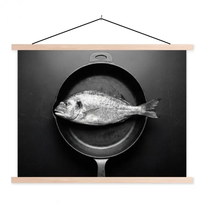 Pan - Vis - Zwart - Wit textielposter latten blank klein -3d