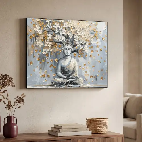 Boeddha - Bloemen - Boom - Goud - Modern Textielframe - compleet frame klein -sfeer3