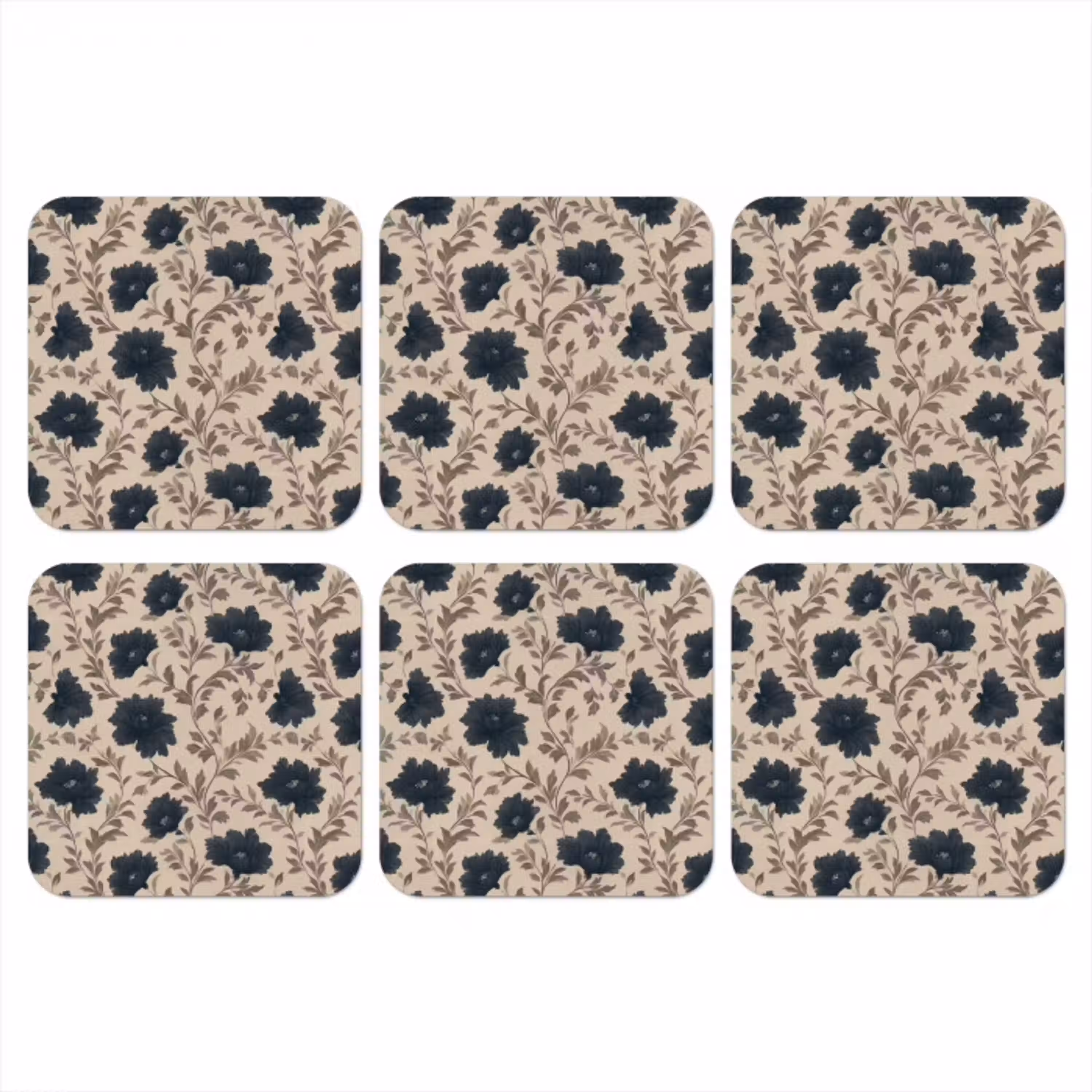 Motief - Bloemen - Zwart - Beige onderzetter kurk middel 366 -3d