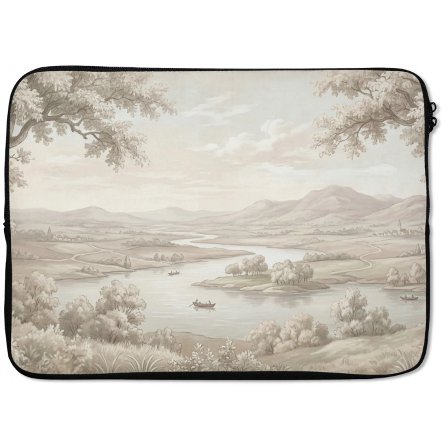 Rivierlandschap - Bergen - Natuur - Vintage - Beige laptophoes neopreen klein -zkaufland3dotto