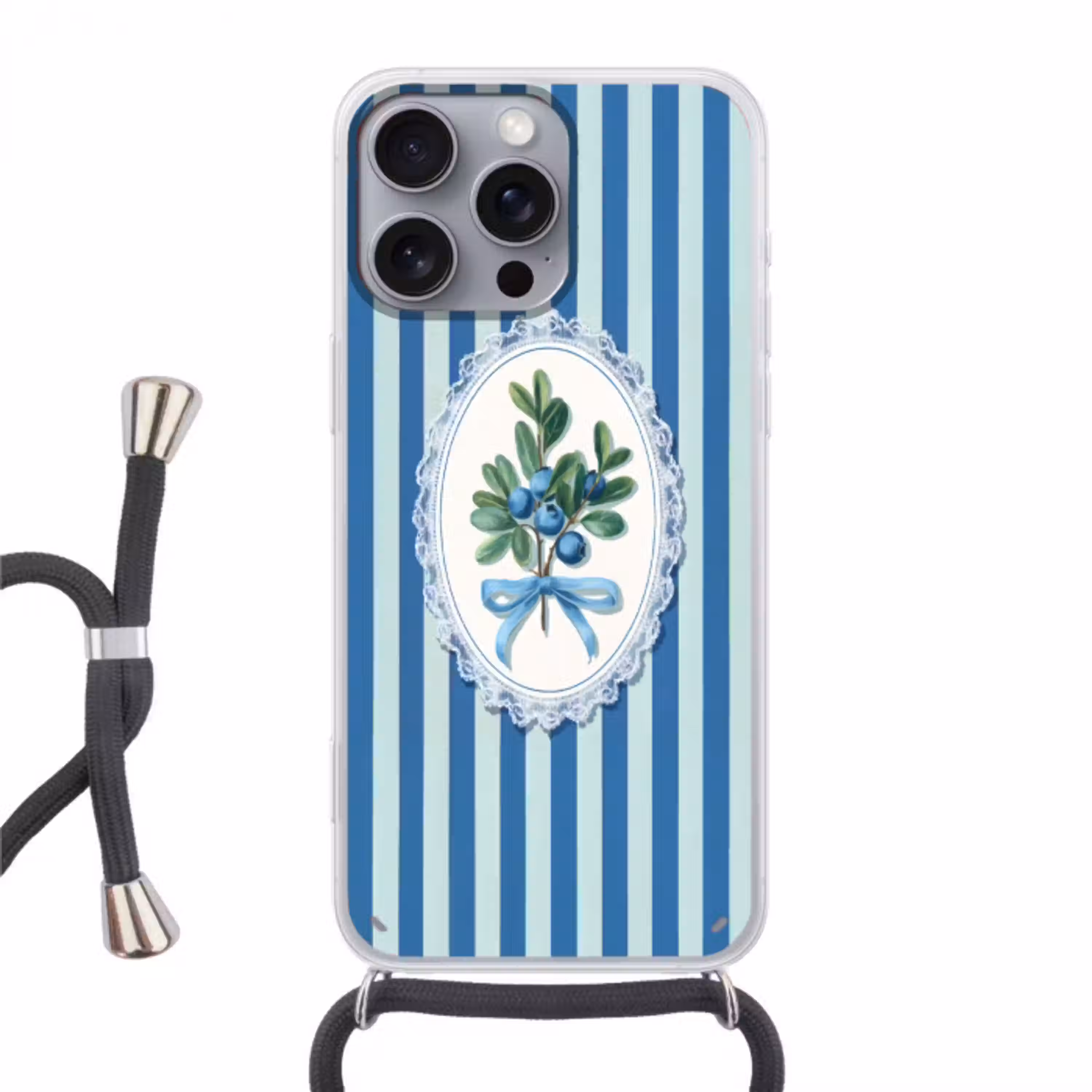 Illustratie - Bessen - Blauw - Strepen Hoesje iPhone 16 Pro Max met koord klein -3d