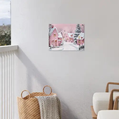 Kerstdorp - Roze - Winter - Sneeuw - Huizen tuinposter los doek klein -sfeer8