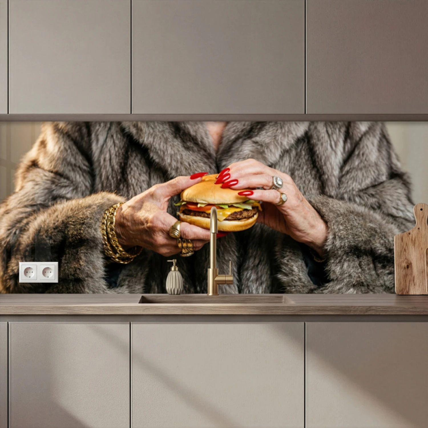 Vrouw - Hamburger - Bontjas keuken achterwand 2 middel zz_3dshopping
