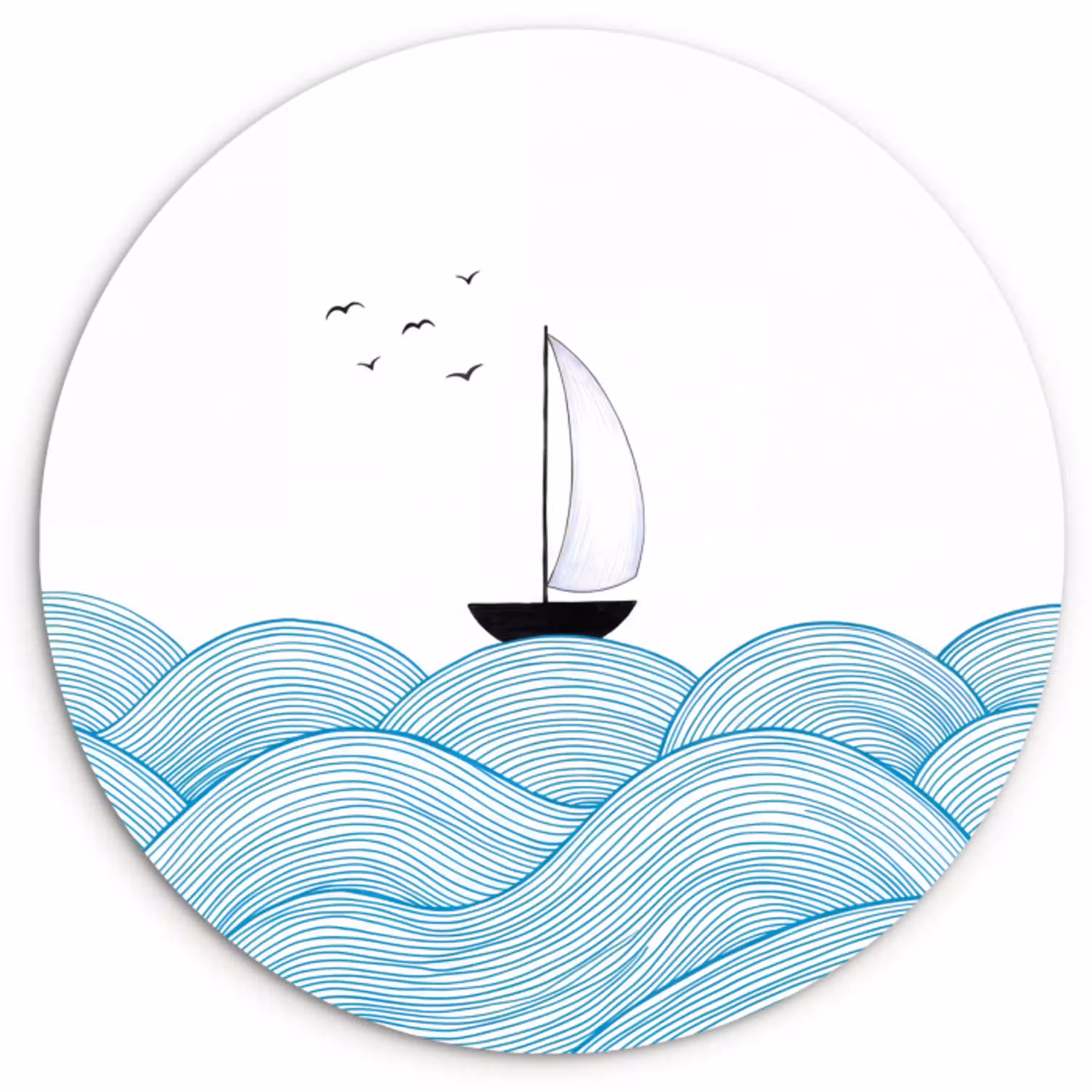 Zeilboot - Golven - Zee - Illustratie - Blauw Wandcirkel kunststof plaat 5mm dik klein -3d
