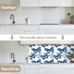 Blauw - Vlinders - Bloemen - Wit keuken achterwand 2 middel 871 -voor-na_DE