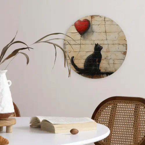 Street art - Kat - Ballon - Graffiti - Banksy Wandcirkel kunststof plaat 5mm dik klein -sfeer4