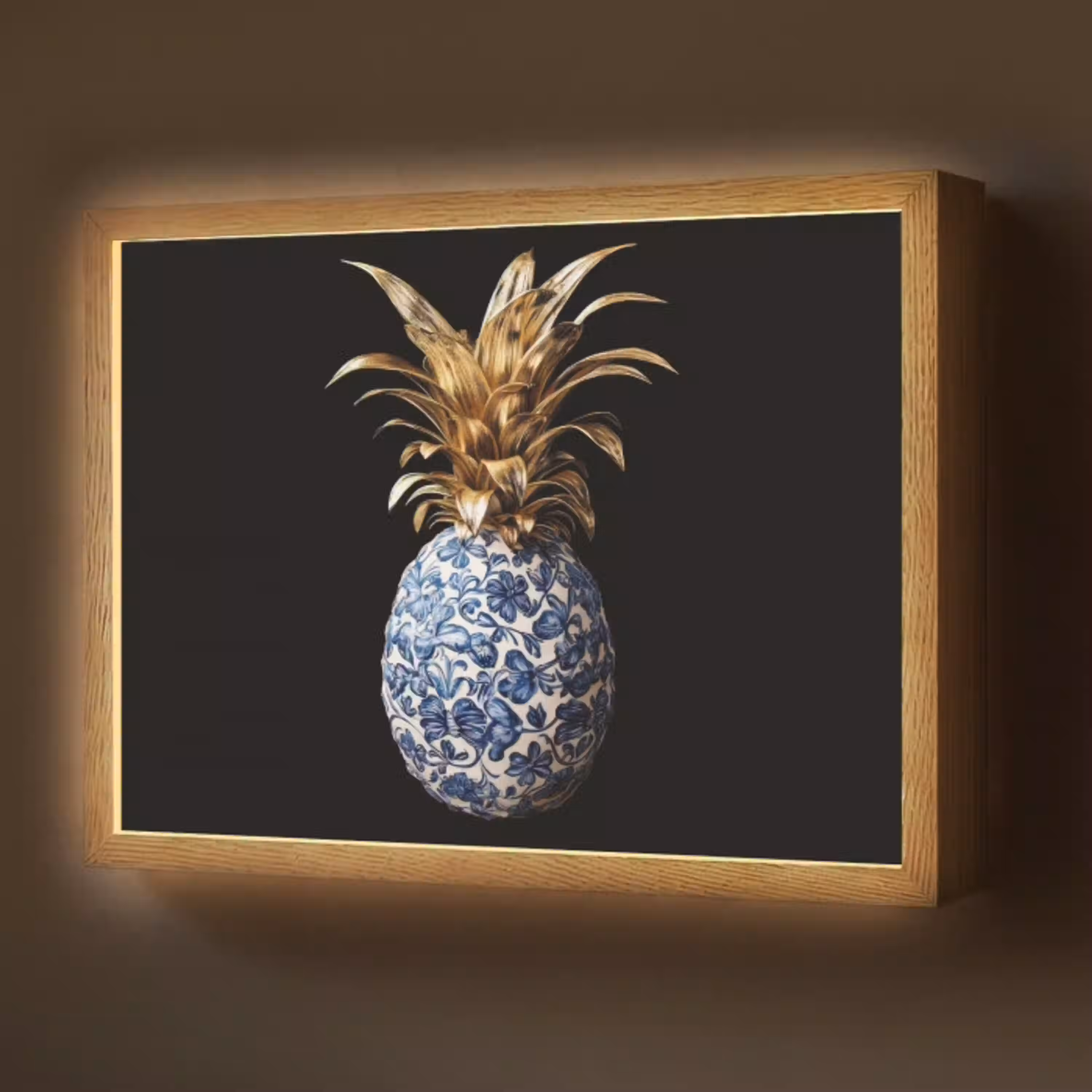 Ananas - Bloemen patroon - Goud - Delftsblauw Light Box met batterij (Wandlamp) middel -z3d_website