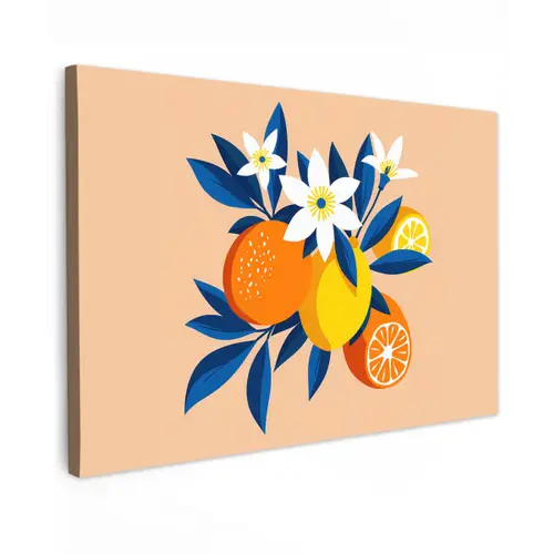Illustratie - Sinaasappels - Donkerblauw - Bloemen Tuinposter op houten frame 2 cm dik klein -3d