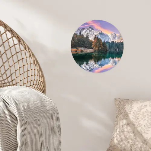 Bergen - Bos - Water - Lucht - Roze - Paars Wandcirkel behangsticker klein -sfeer4