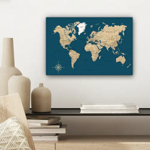 Wereldkaart - Donkerblauw - Beige canvas 2cm klein -sfeer6