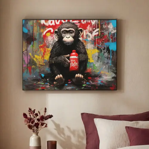 Aap - Graffiti - Dieren - Kunst - Flesje - Kleuren Textielframe - compleet frame klein -sfeer1