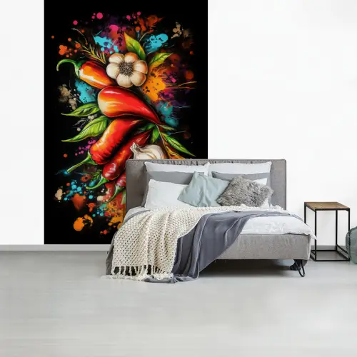 Groente - Peper - Knoflook - Graffiti - Verf - Kleurrijk fotobehang vinyl groot -slaapkamer