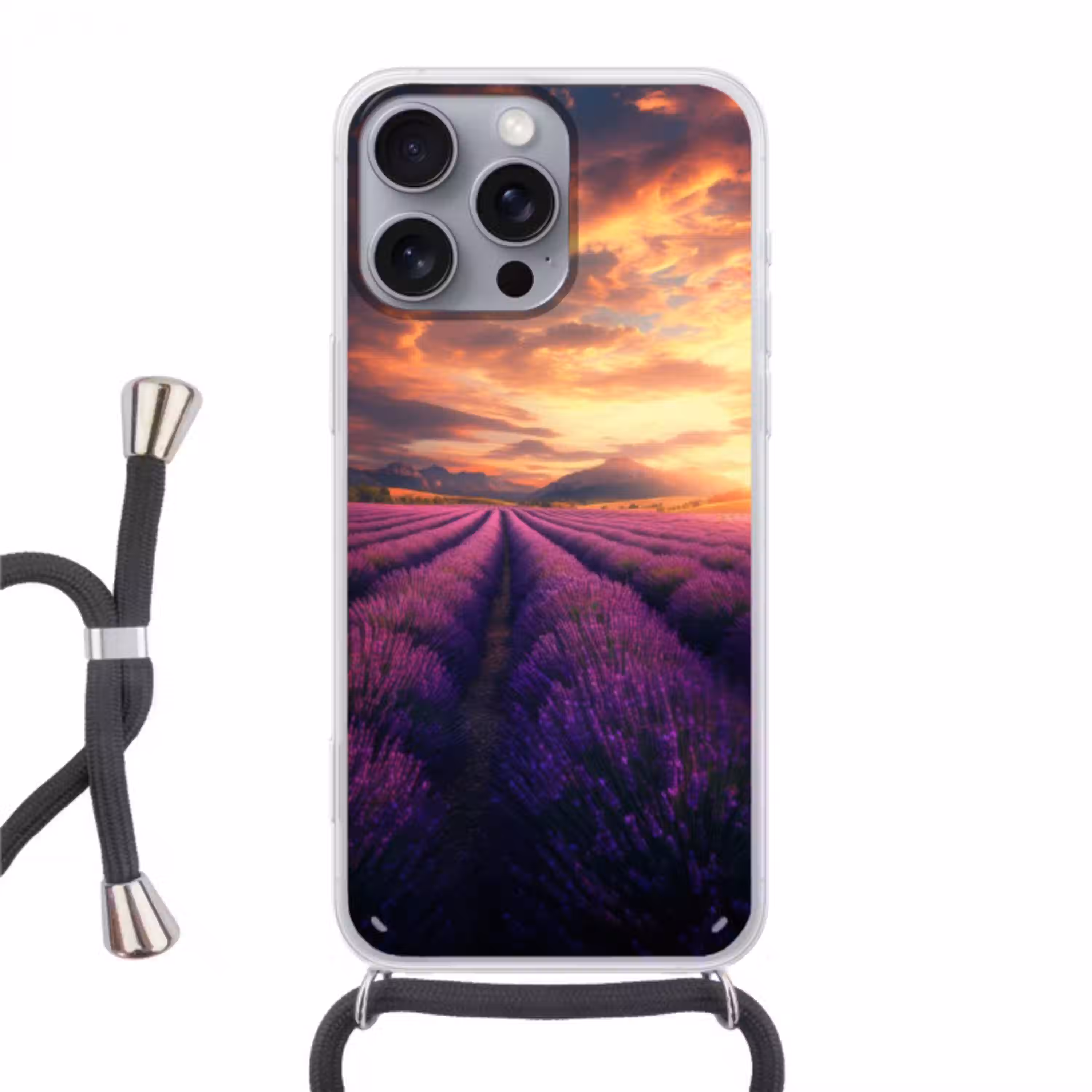 Lavendelveld - Zonsondergang - Paars Hoesje iPhone 16 Pro Max met koord klein -3d