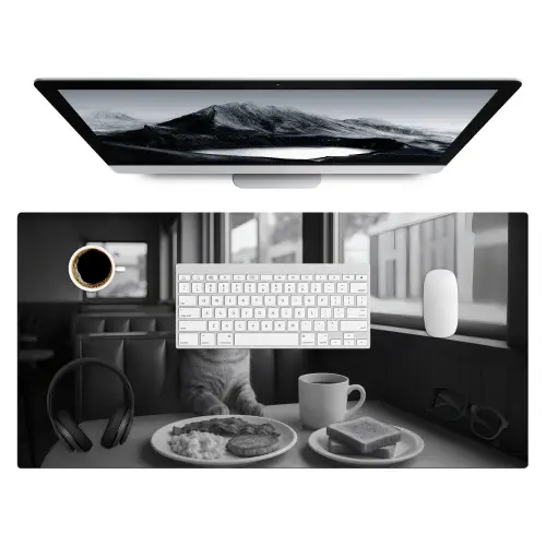 Kat - Koffie - Brood - Zwart Muismat XXL klein -3d