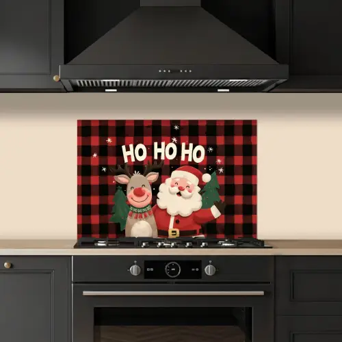 Kerstman - Rendier - Tekst - Rood - Zwart keuken achterwand spatscherm klein -sfeer1