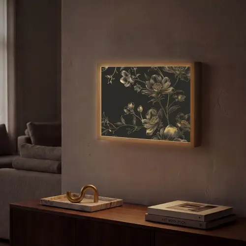 Bloemen - Zwart - Goud - Line art Light Box met batterij (Wandlamp) middel -sfeer1