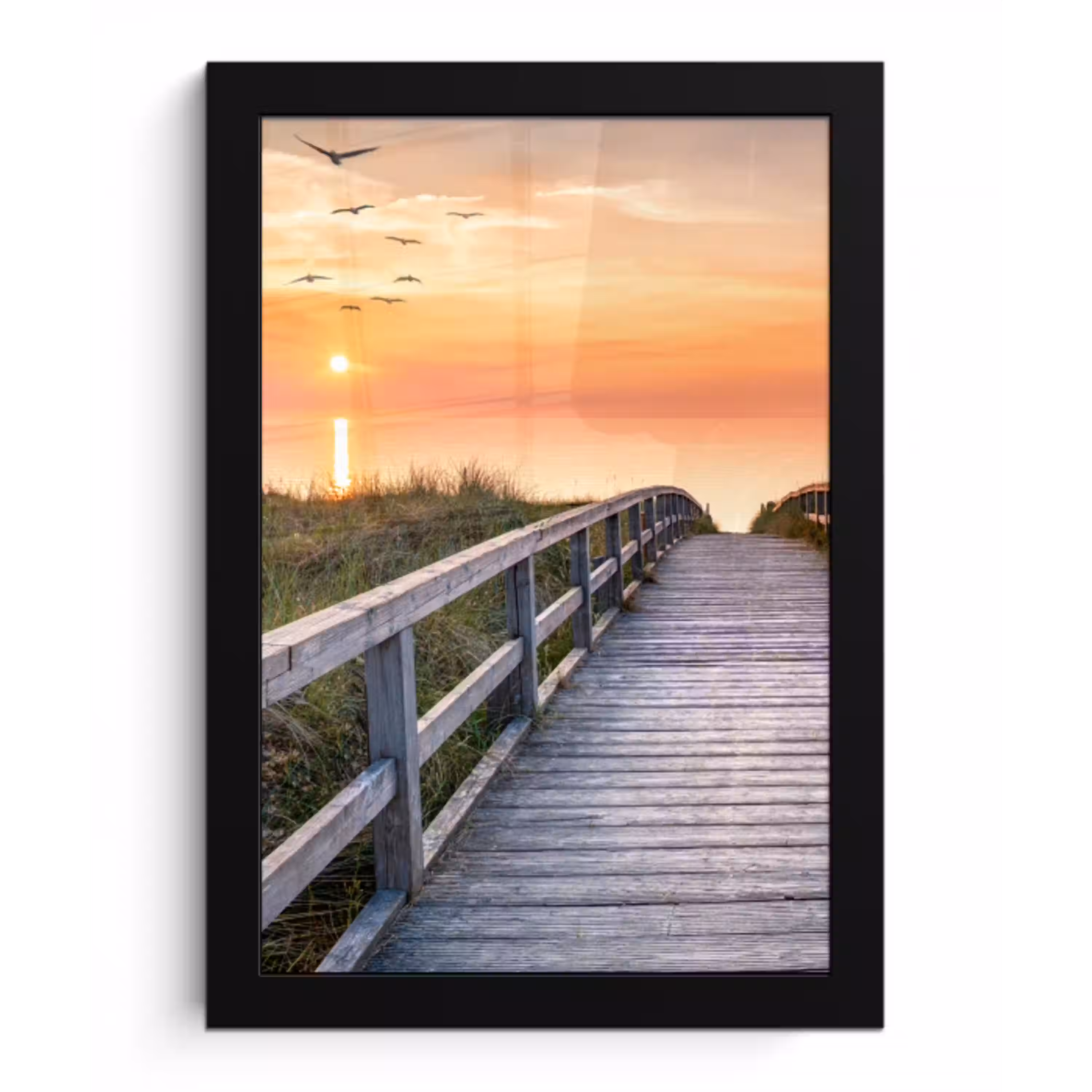 Zonsonderang - Zee - Pad - Gras - Duin - Vogels fotolijst zwart zonder passe partout klein -3d