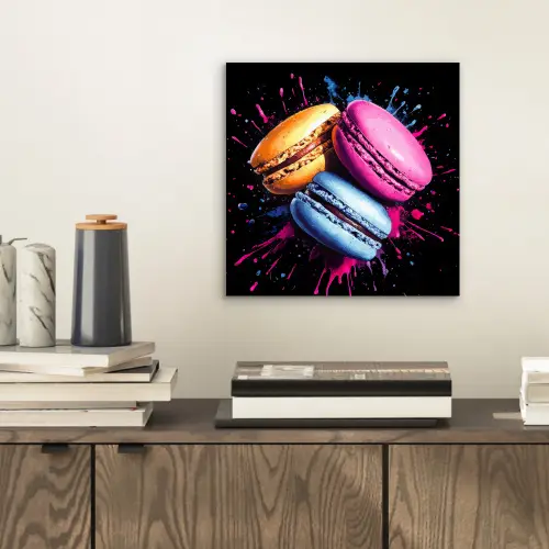 Macarons - Dessert - Graffiti - Kleurrijk - Roze - Blauw - Geel aluminium wit klein -sfeer1