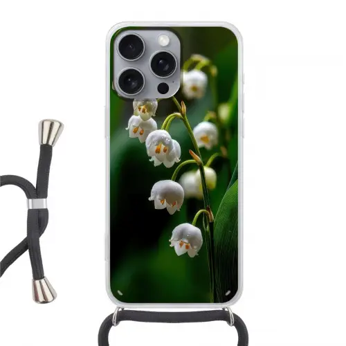 Bloemen - Wit - Bladeren - Lelietjes Hoesje iPhone 16 Pro Max met koord klein -3d
