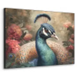 Pauw - Vogel - Bloemen - Planten - Pauwenveren Textielframe zwart klein -3d