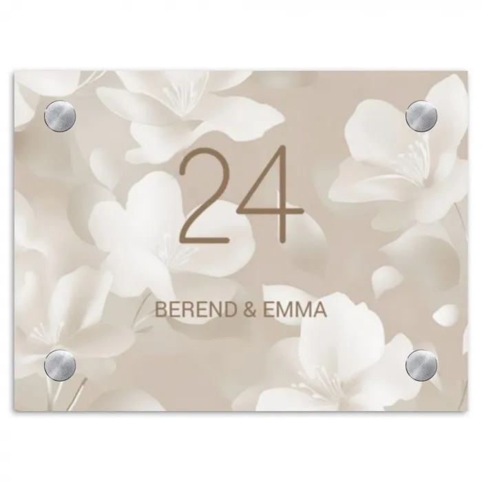 Beige bloemen - Klassiek Naambord Rechthoek middel -3d