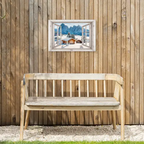 Winterlandschap - Huisje - Bergen - Uitzicht - Doorkijk - Natuur Tuinposter op houten frame 2 cm dik klein -sfeer4