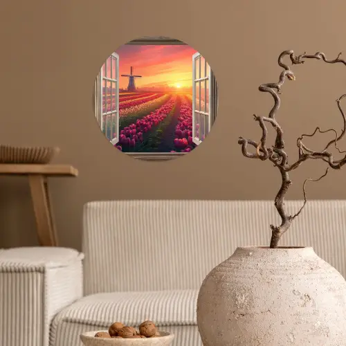 Doorkijk - Tulpen - Zonsondergang - Bloemen - Kleurrijk Wandcirkel behangsticker klein -sfeer1
