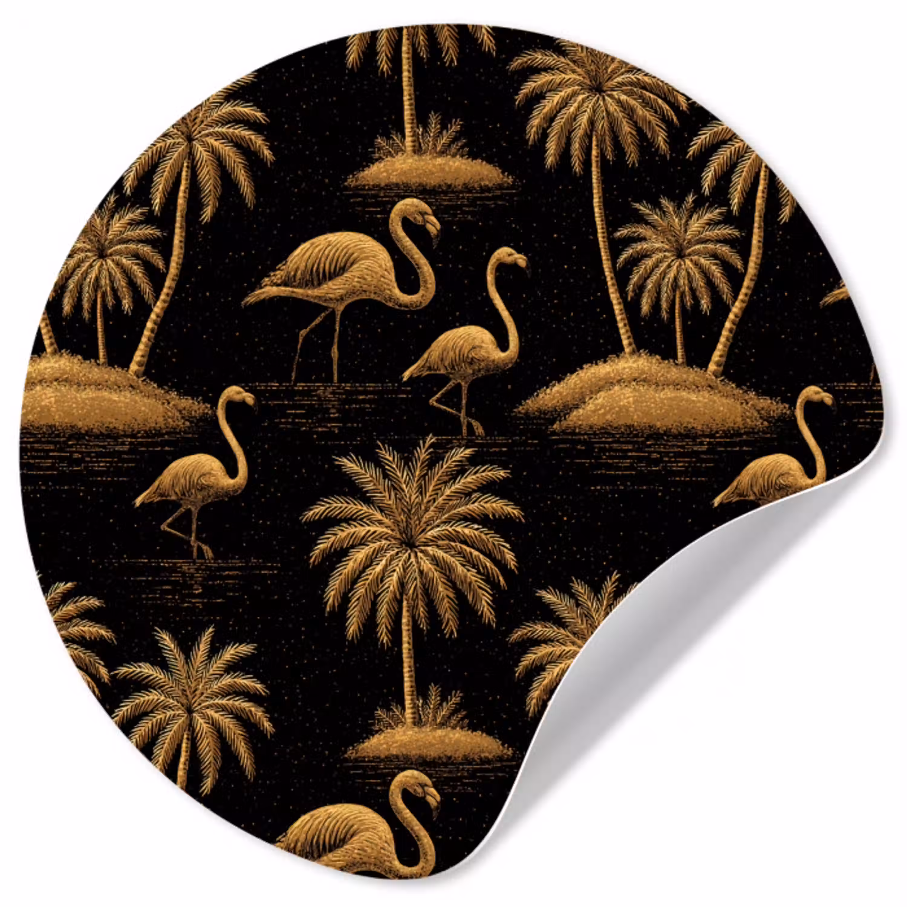 Flamingo - Palmbomen - Tropisch - Goud - Zwart Wandcirkel behangsticker klein 186 -3d