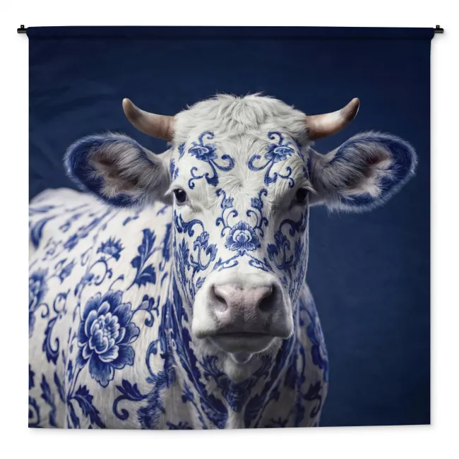 Wandkleed - Koe - Delfts - Blauw - Artistiek