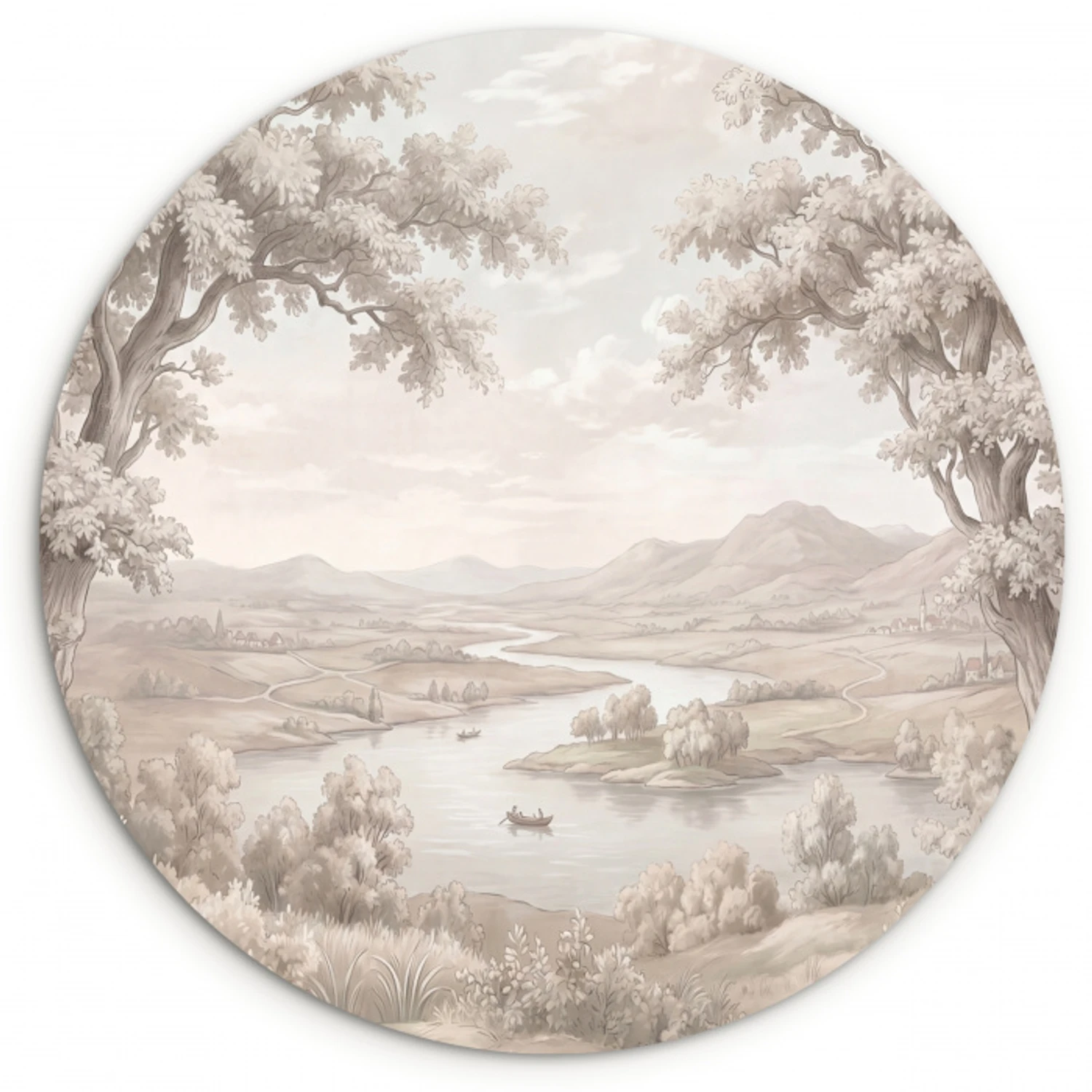 Rivierlandschap - Bergen - Natuur - Vintage - Beige Wandcirkel kunststof plaat 5mm dik klein -3d