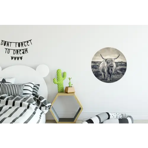 Schotse hooglander - Dieren - Wolken - Koe - Natuur Wandcirkel aluminium klein -kinderkamer