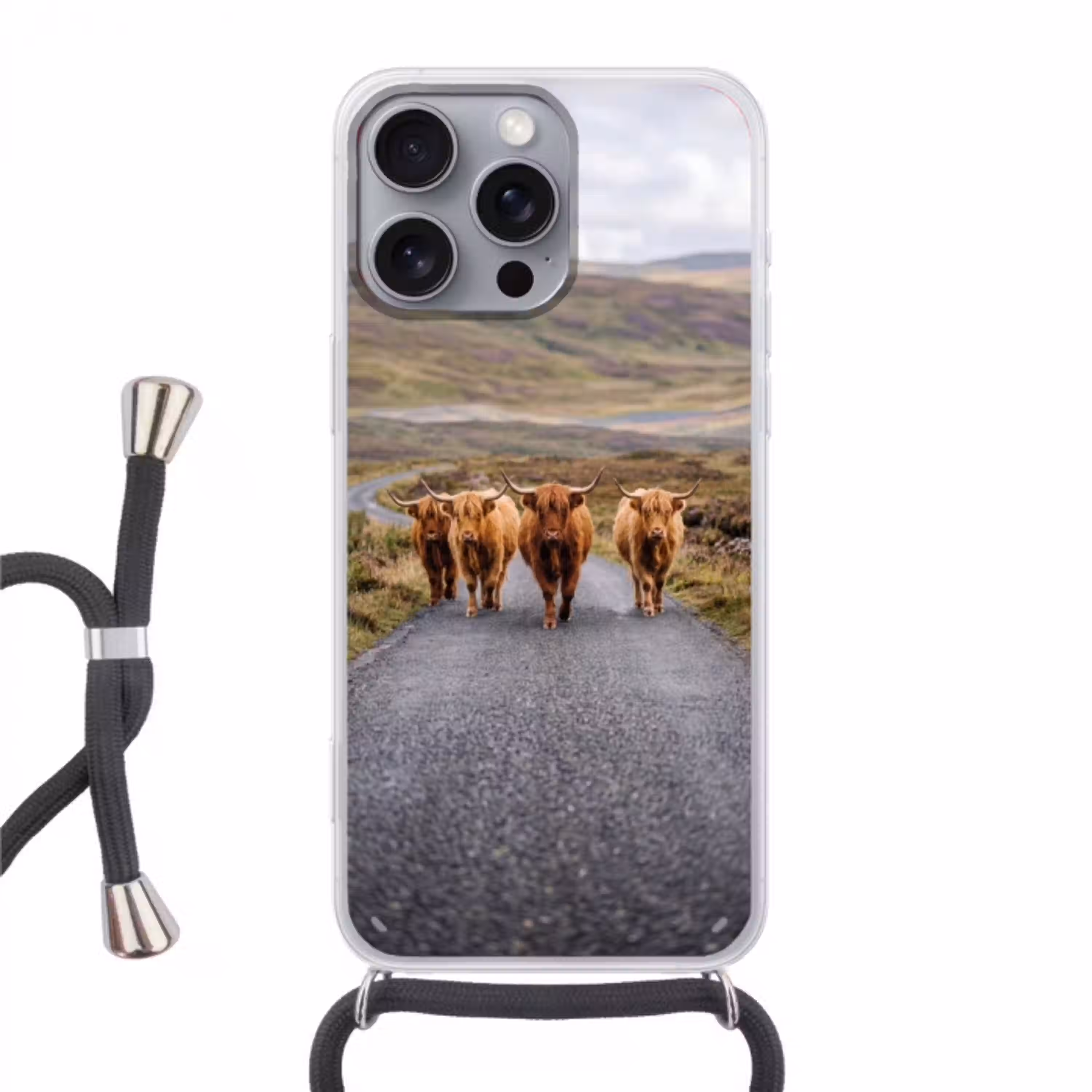 Schotse Hooglanders - Weg - Landschap - Kudde Hoesje iPhone 16 Pro Max met koord klein -3d