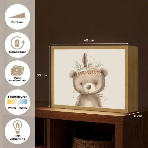 Beer - Boho - Indianentooi - Dieren Light Box met batterij (Wandlamp kind) middel -USP_websiteoverzichtNL
