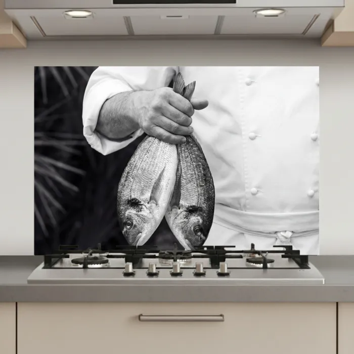 Vissen - Chef - Zwart - Wit keuken achterwand spatscherm klein -3d_website