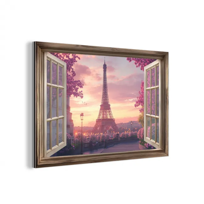 Doorkijk - Parijs - Eiffeltoren - Roze - Kersenbloesem aluminium wit klein -3d