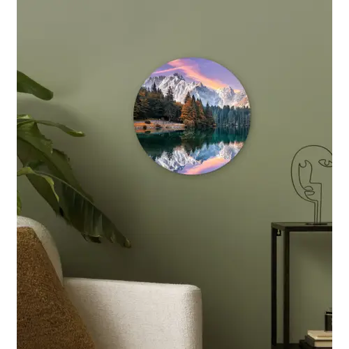Bergen - Bos - Water - Lucht - Roze - Paars Wandcirkel kunststof plaat 5mm dik klein -sfeer3