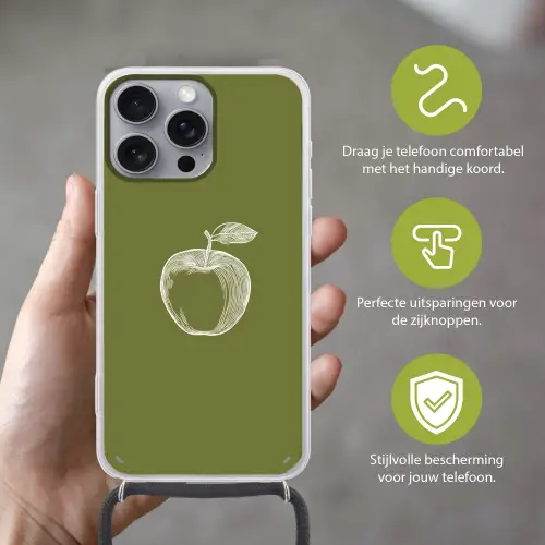 Lijntekening - Appel - Olijfgroen - Blaadje Hoesje iPhone 16 Pro Max met koord klein -sfeer2_NL