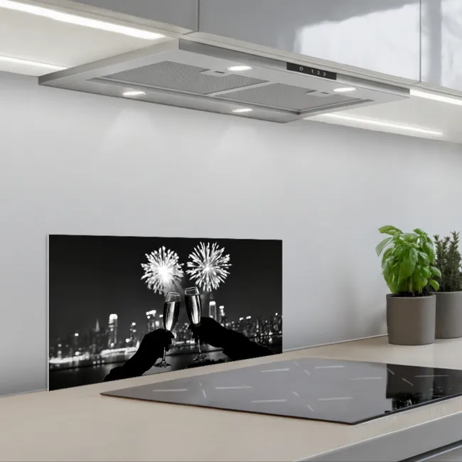 Vuurwerk - Proosten - Skyline - Champagne keuken achterwand spatscherm klein -3d_schuin
