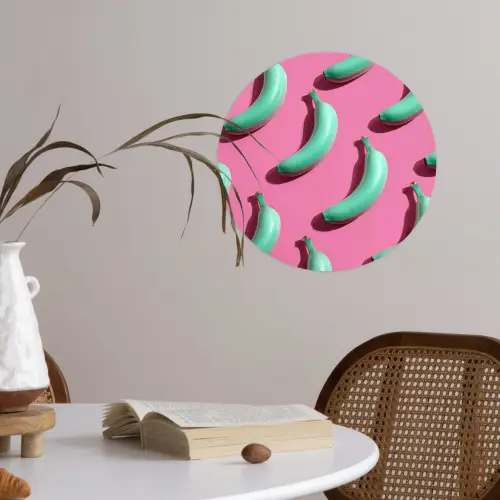 Bananen - Patroon - Blauw - Roze Wandcirkel behangsticker klein -sfeer3