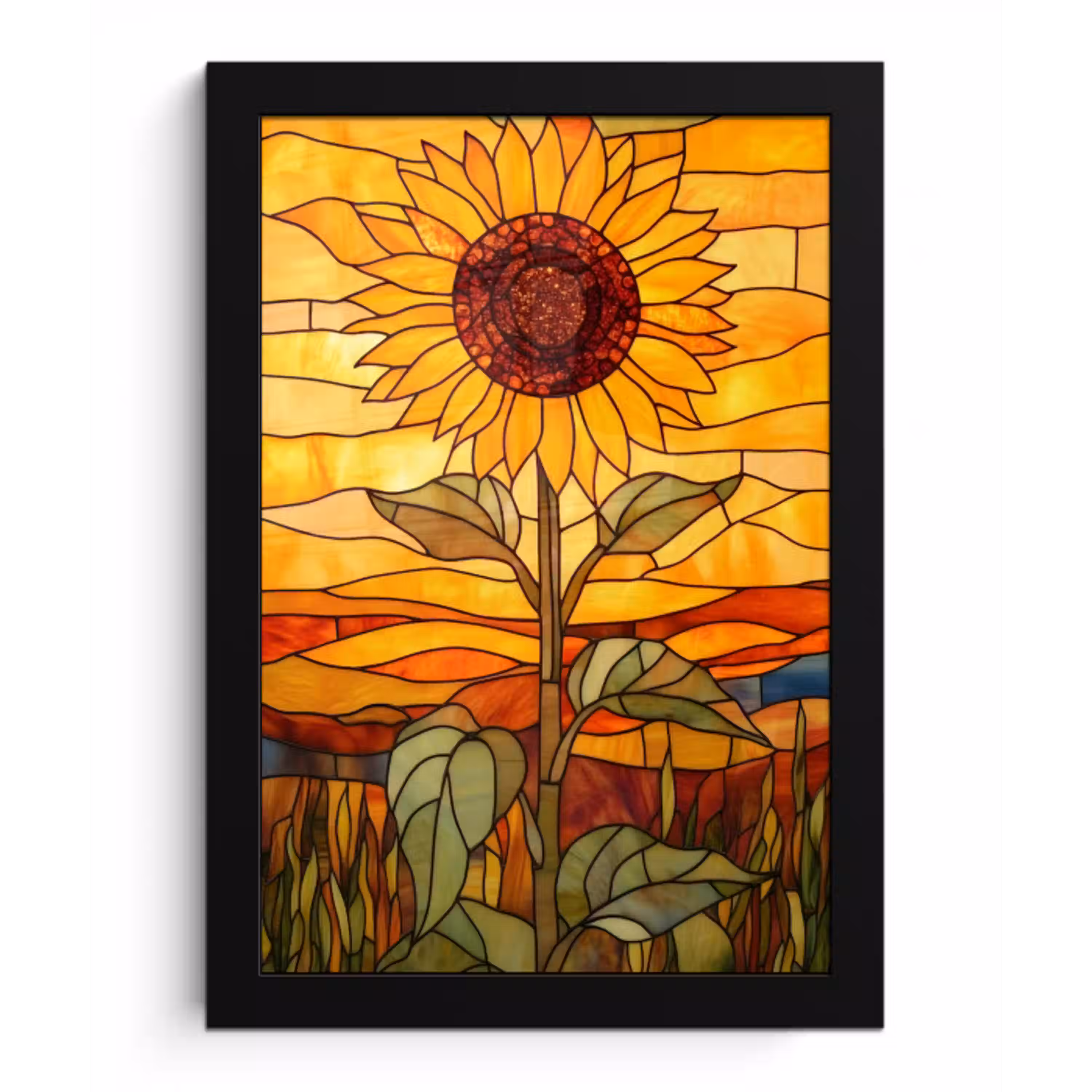 Zonnebloem - Mozaïek - Zonsondergang - Geel fotolijst zwart zonder passe partout klein -3d