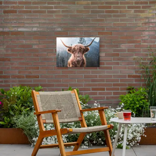 Schotse hooglander - Koe - Dieren - Berg - Natuur Tuinposter op houten frame 2 cm dik klein -sfeer3