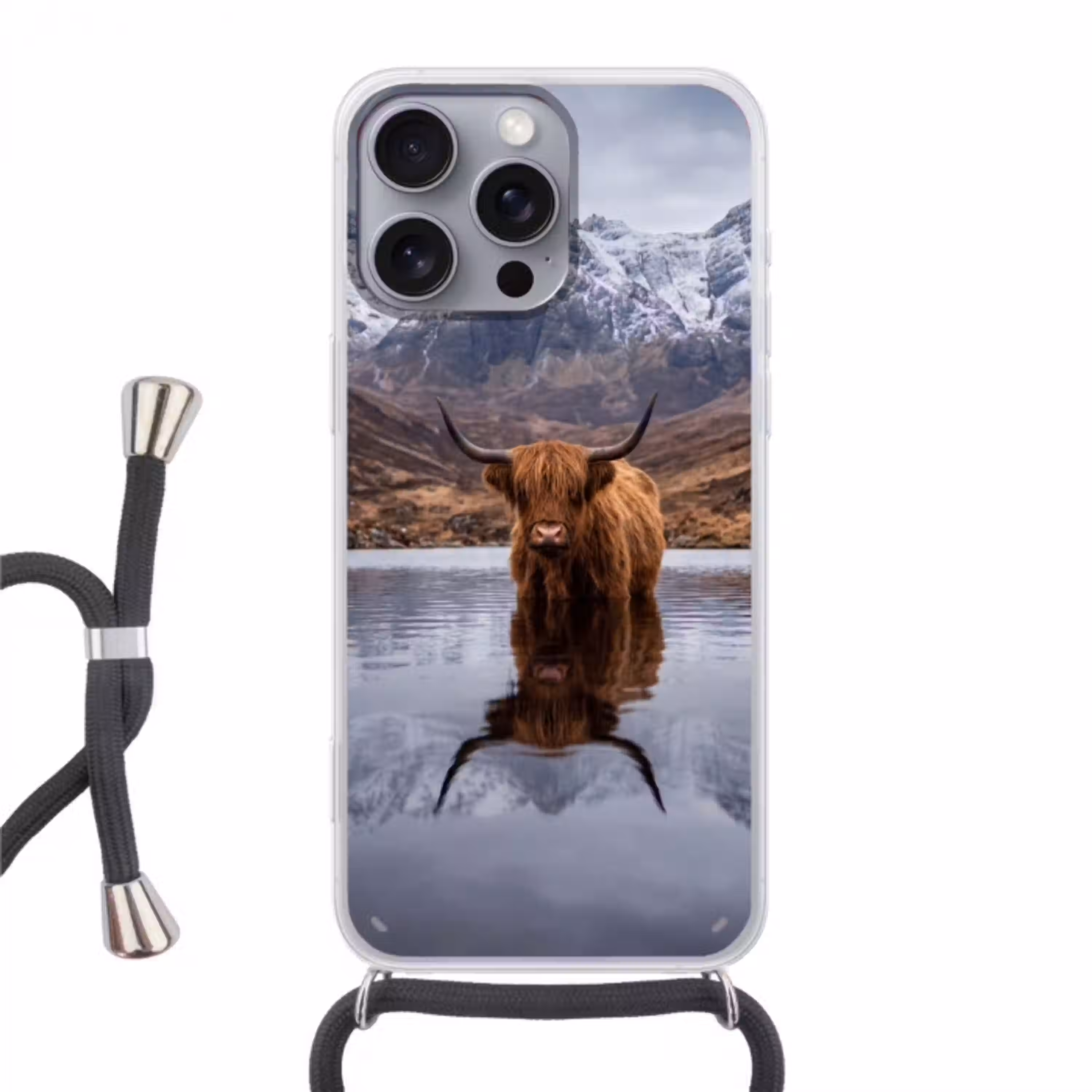 Schotse hooglander - Bruin - Water Hoesje iPhone 16 Pro Max met koord klein -3d